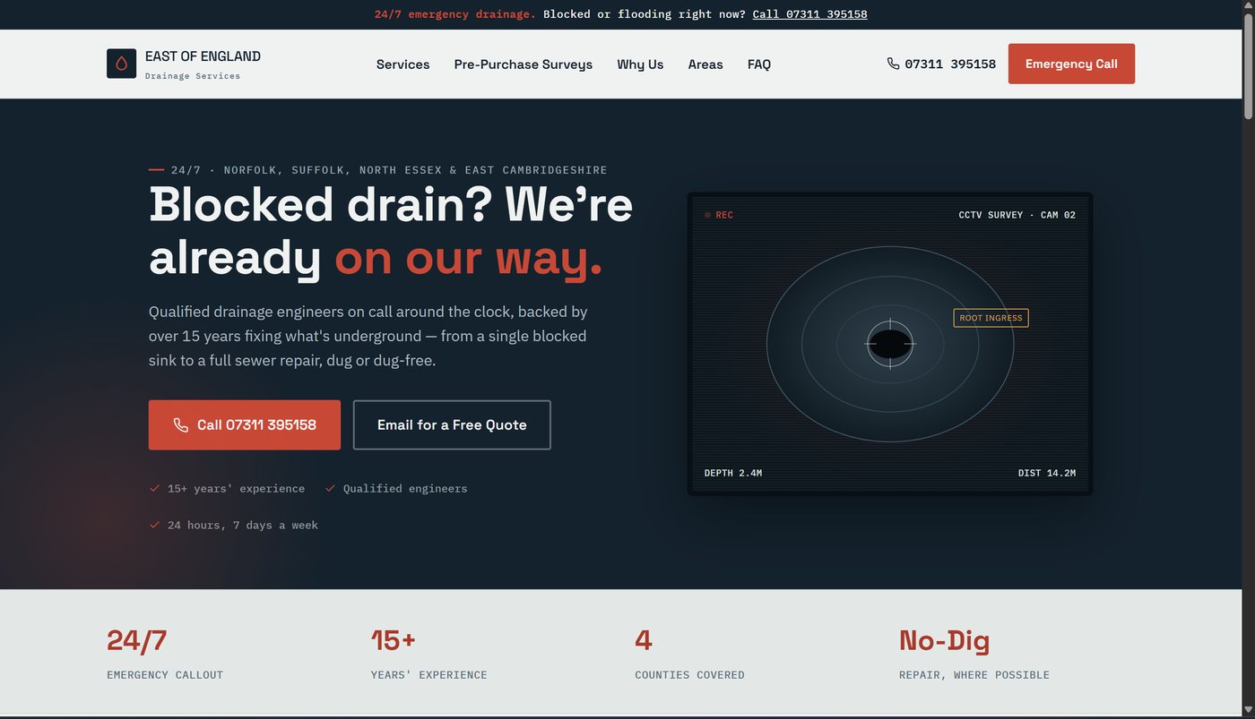 East of England Drainage website homepage with CCTV drain survey graphic and 24/7 emergency call banner
