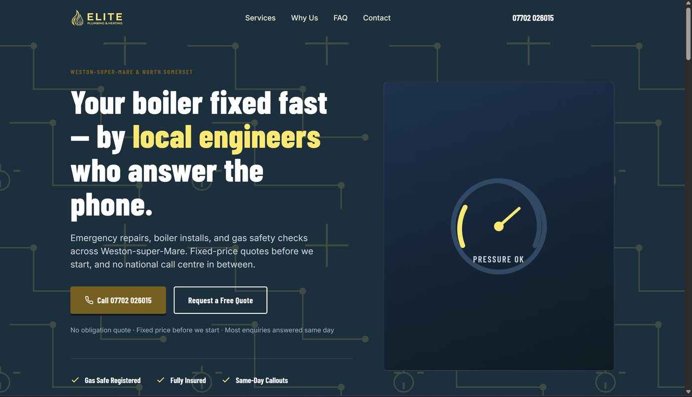 Elite Plumbing and Heating website homepage with pressure gauge illustration and gas safe registered badge