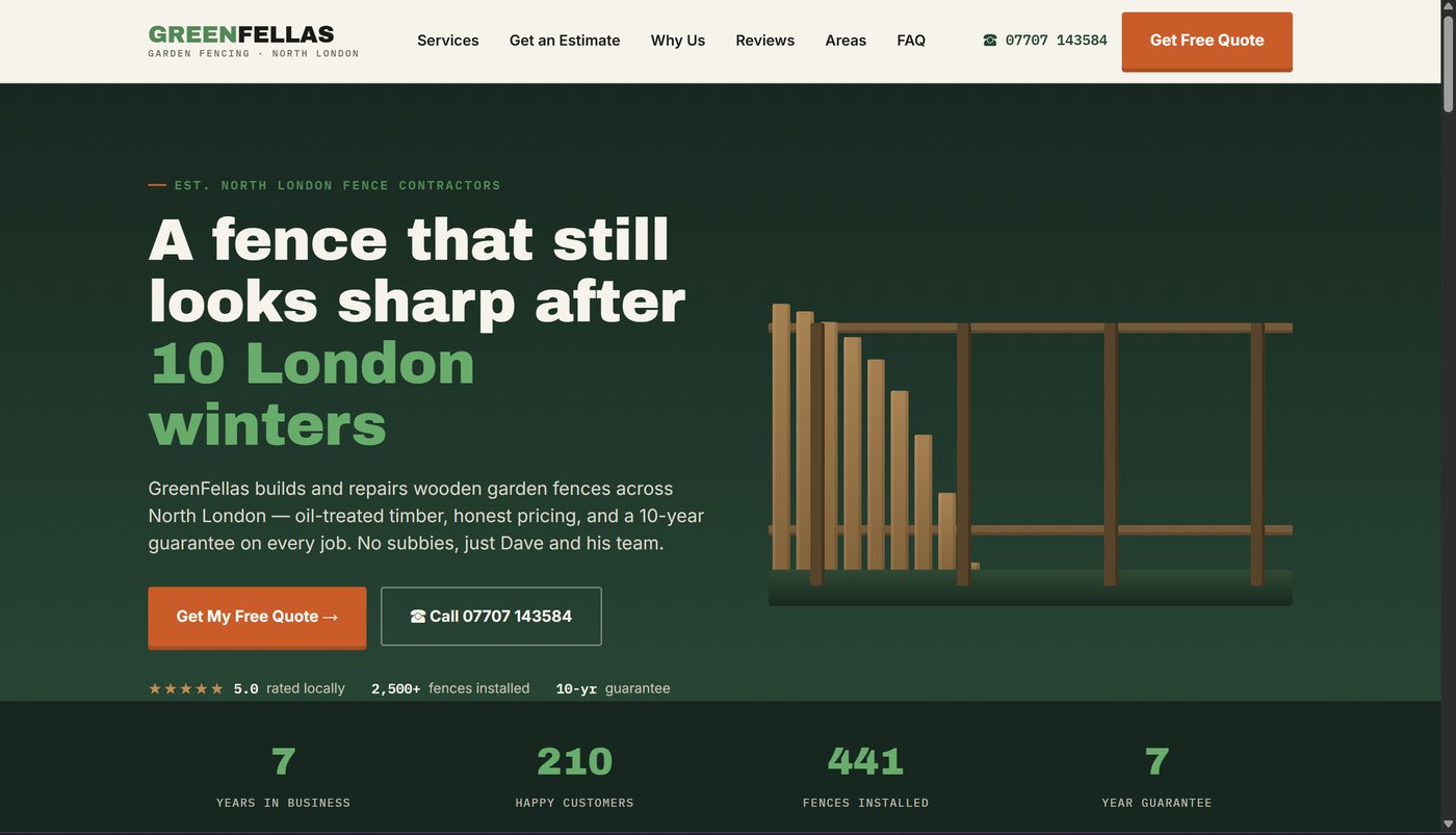 GreenFellas garden fencing website homepage with animated fence graphic and years-in-business stats