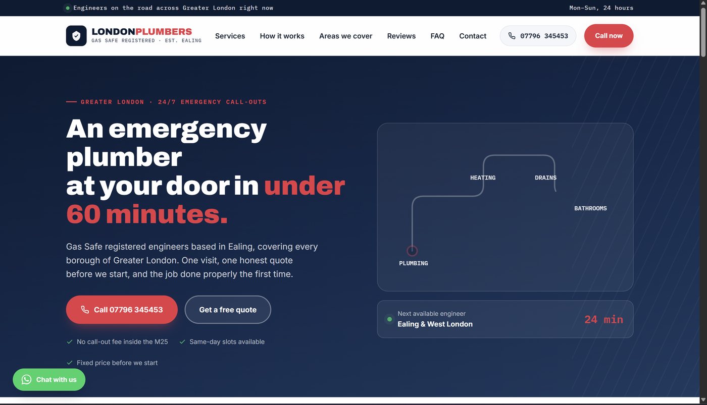 London Plumbers emergency callout website homepage with pipe network diagram and 60-minute engineer promise