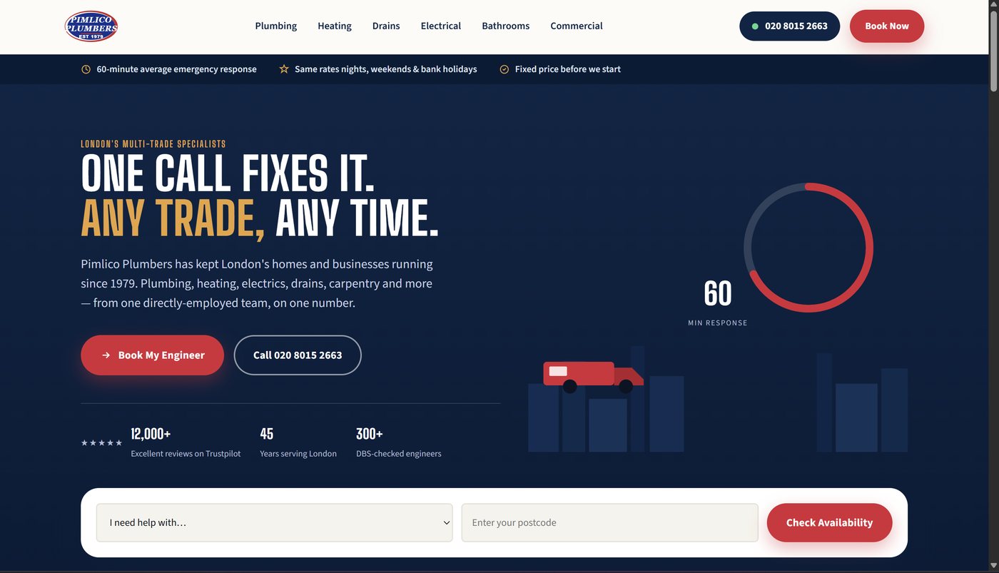 Pimlico Plumbers multi-trade booking website homepage — dark navy hero with red booking CTA and 60-minute response timer